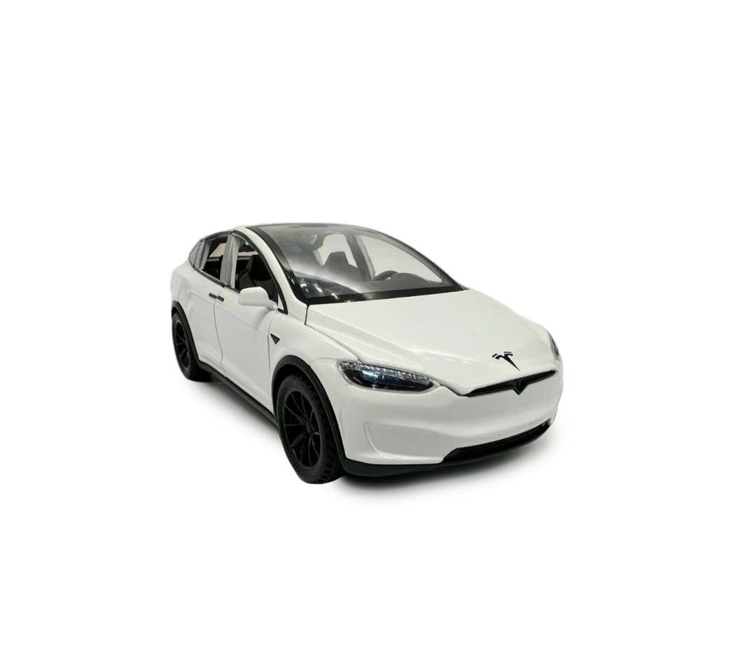 Masinuta metal, Tesla 3V, scara 1:28, sunete, usi mobile, capota mobila, portbagaj mobil, alb, 15 cm
