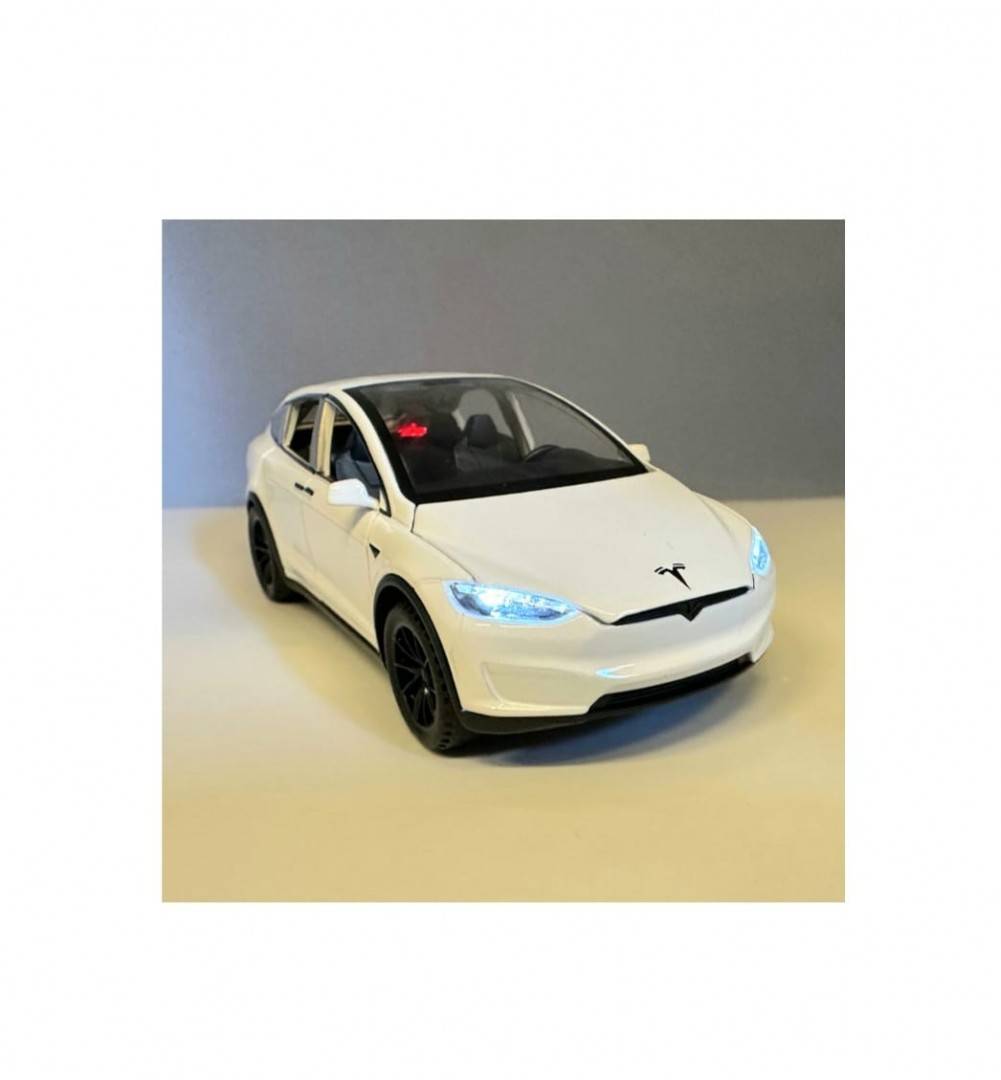 Masinuta metal, Tesla 3V, scara 1:28, sunete, usi mobile, capota mobila, portbagaj mobil, alb, 15 cm