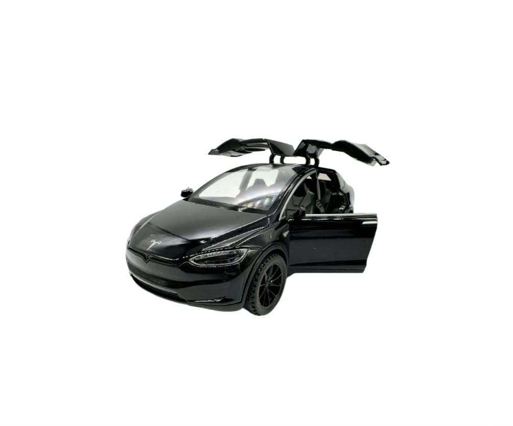 Masinuta metal, Tesla 3V, scara 1:28, sunete, usi mobile, capota mobila, portbagaj mobil, negru, 15 cm