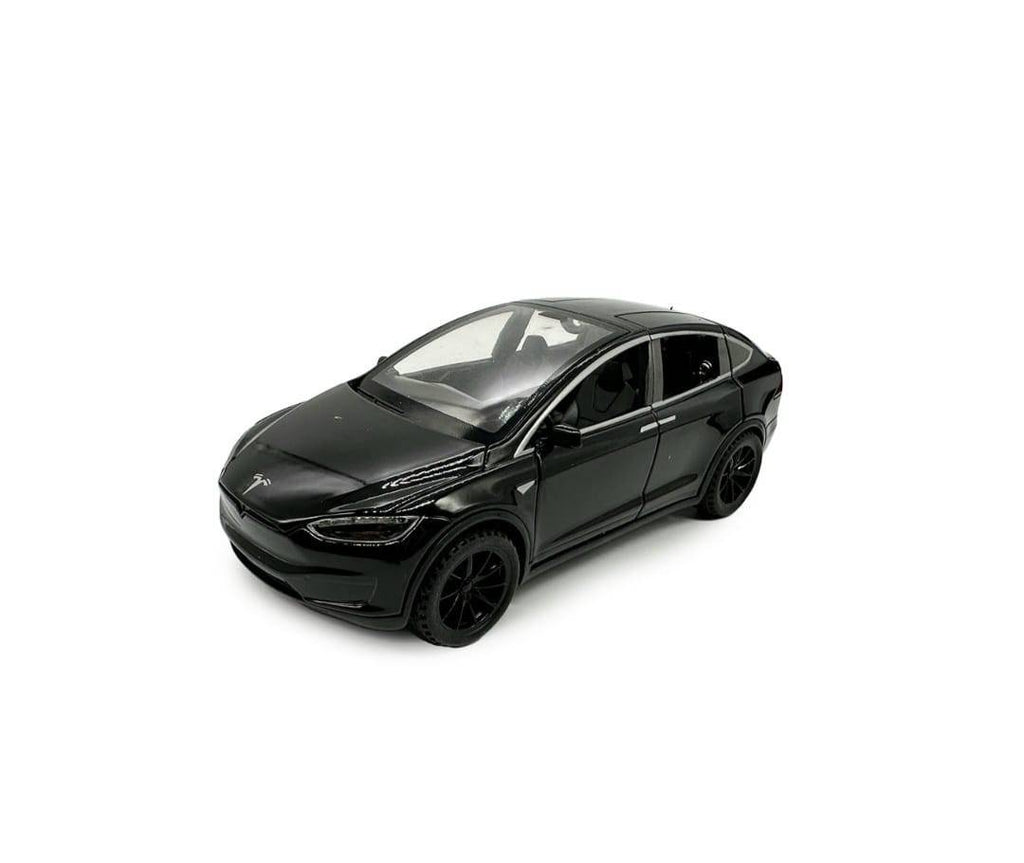 Masinuta metal, Tesla 3V, scara 1:28, sunete, usi mobile, capota mobila, portbagaj mobil, negru, 15 cm