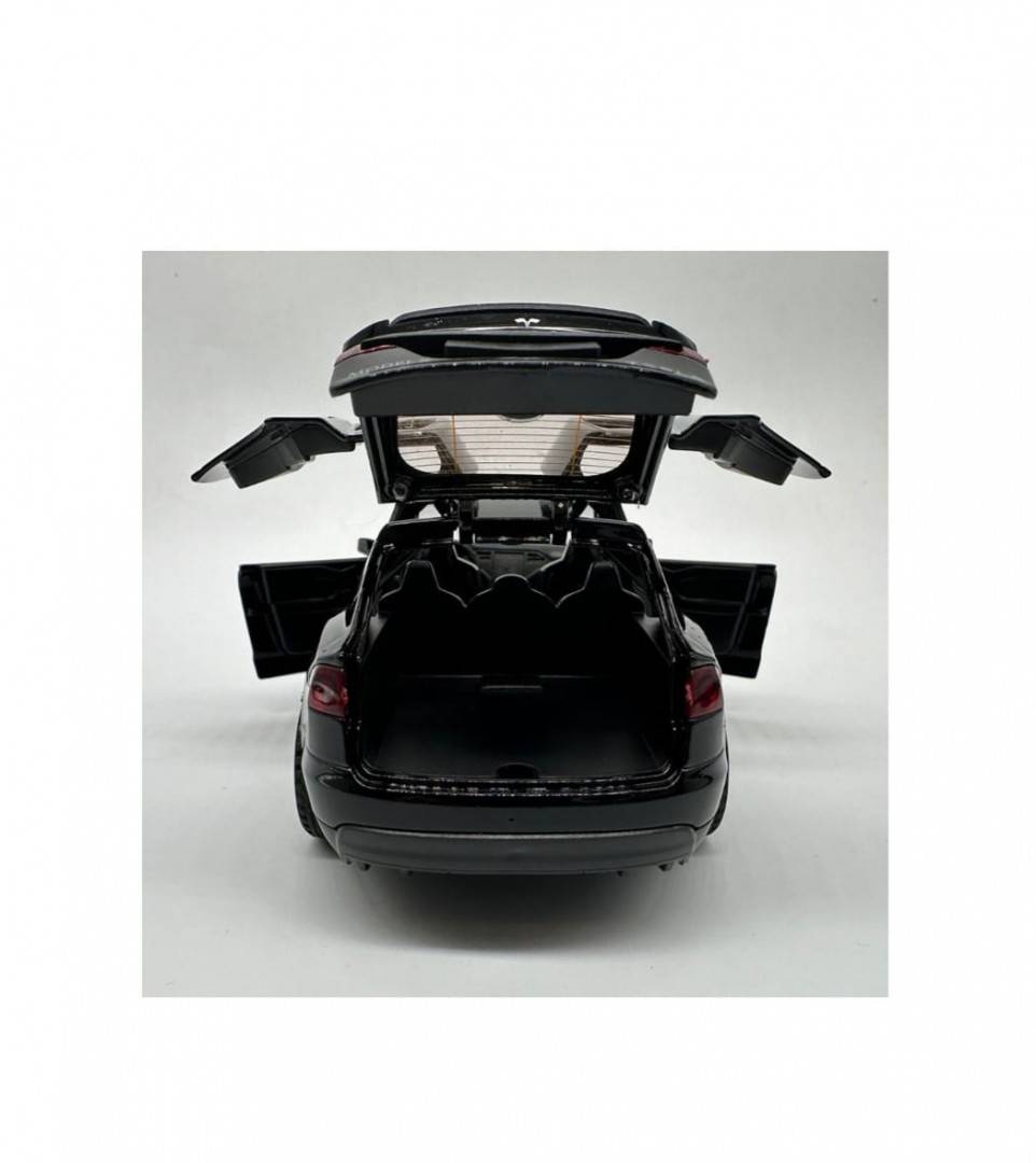Masinuta metal, Tesla 3V, scara 1:28, sunete, usi mobile, capota mobila, portbagaj mobil, negru, 15 cm