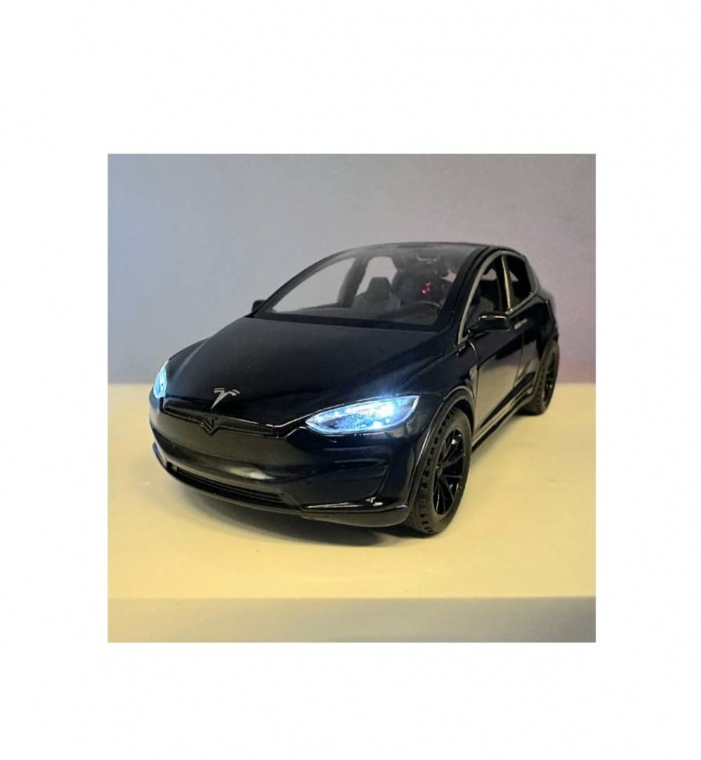 Masinuta metal, Tesla 3V, scara 1:28, sunete, usi mobile, capota mobila, portbagaj mobil, negru, 15 cm