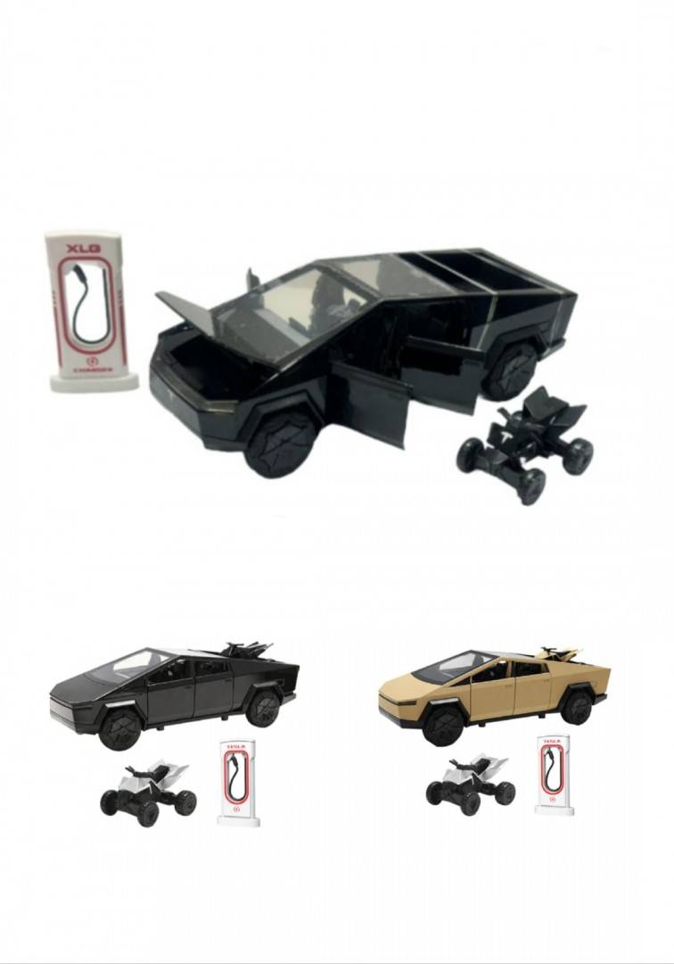 Masinuta metal, Tesla Cybertruck cu ATV, statie de alimentare, usi mobile, capota mobila, portbagaj mobil, 18.5 cm