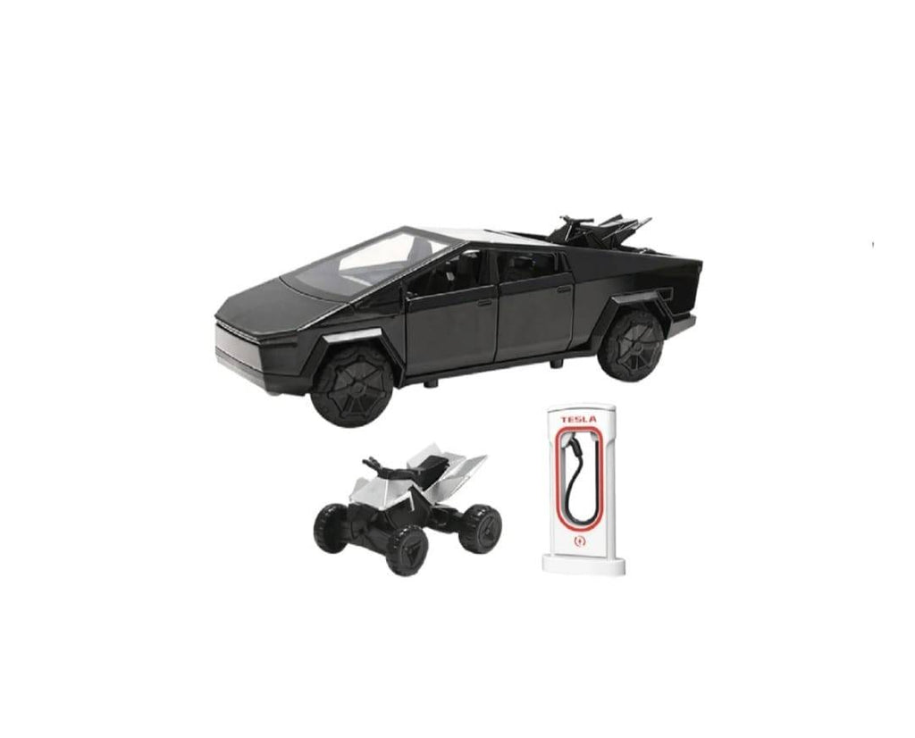 Masinuta metal, Tesla Cybertruck cu ATV, statie de alimentare, usi mobile, capota mobila, portbagaj mobil, 18.5 cm