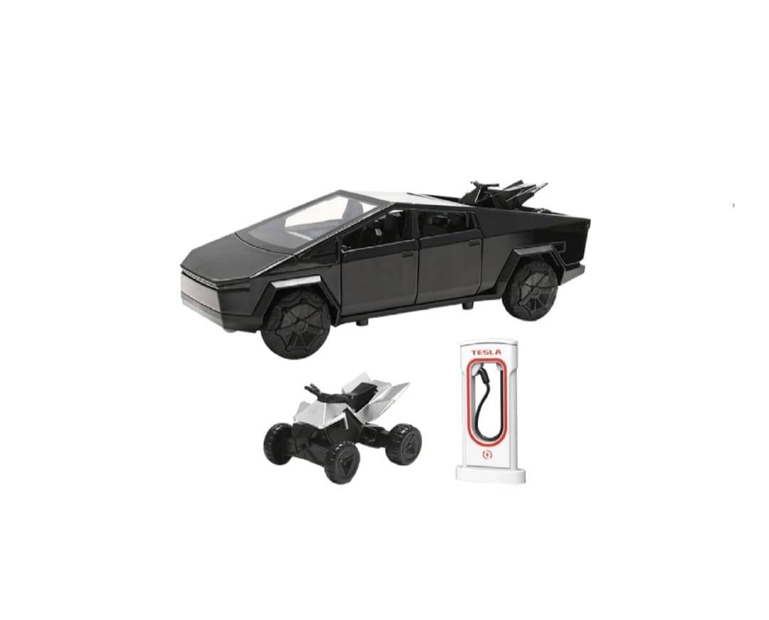 Masinuta metal, Tesla Cybertruck cu ATV, statie de alimentare, usi mobile, capota mobila, portbagaj mobil, 18.5 cm