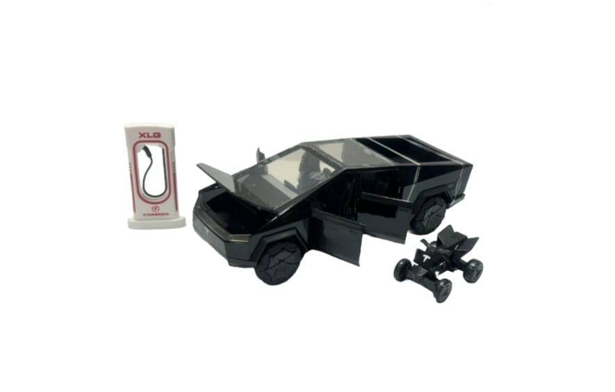 Masinuta metal, Tesla Cybertruck cu ATV, statie de alimentare, usi mobile, capota mobila, portbagaj mobil, 18.5 cm