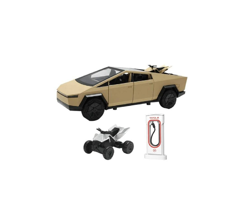Masinuta metal, Tesla Cybertruck cu ATV, statie de alimentare, usi mobile, capota mobila, portbagaj mobil, 18.5 cm