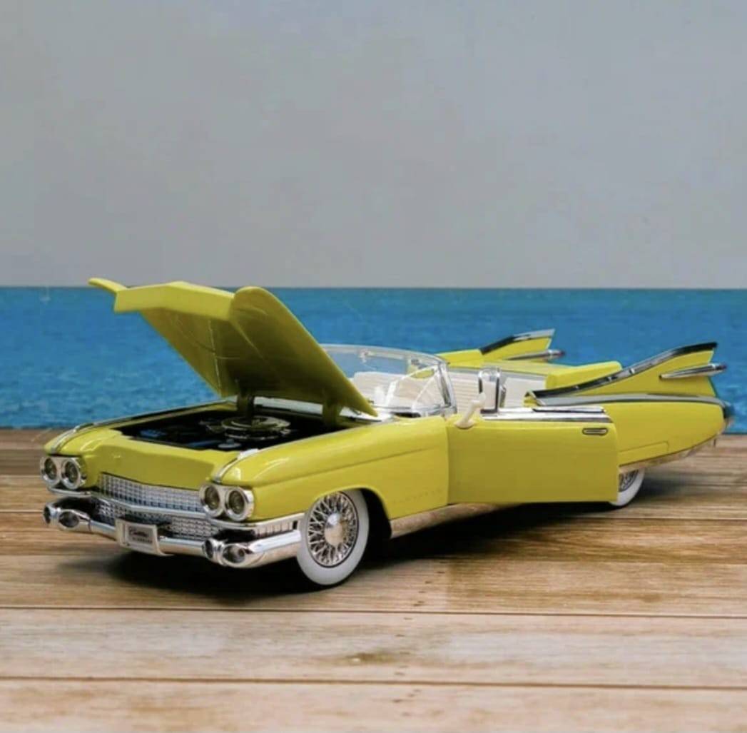 Masinuta metalica, Cadillac Eldorado Biarritz 1959, usi mobile, capota mobila, portbagajul mobil, galben, 19 cm