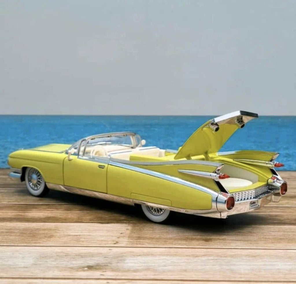 Masinuta metalica, Cadillac Eldorado Biarritz 1959, usi mobile, capota mobila, portbagajul mobil, galben, 19 cm