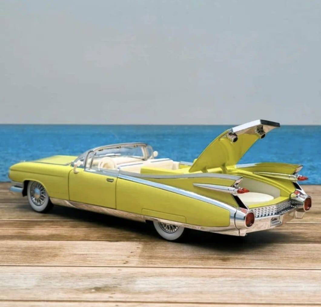 Masinuta metalica, Cadillac Eldorado Biarritz 1959, usi mobile, capota mobila, portbagajul mobil, galben, 19 cm