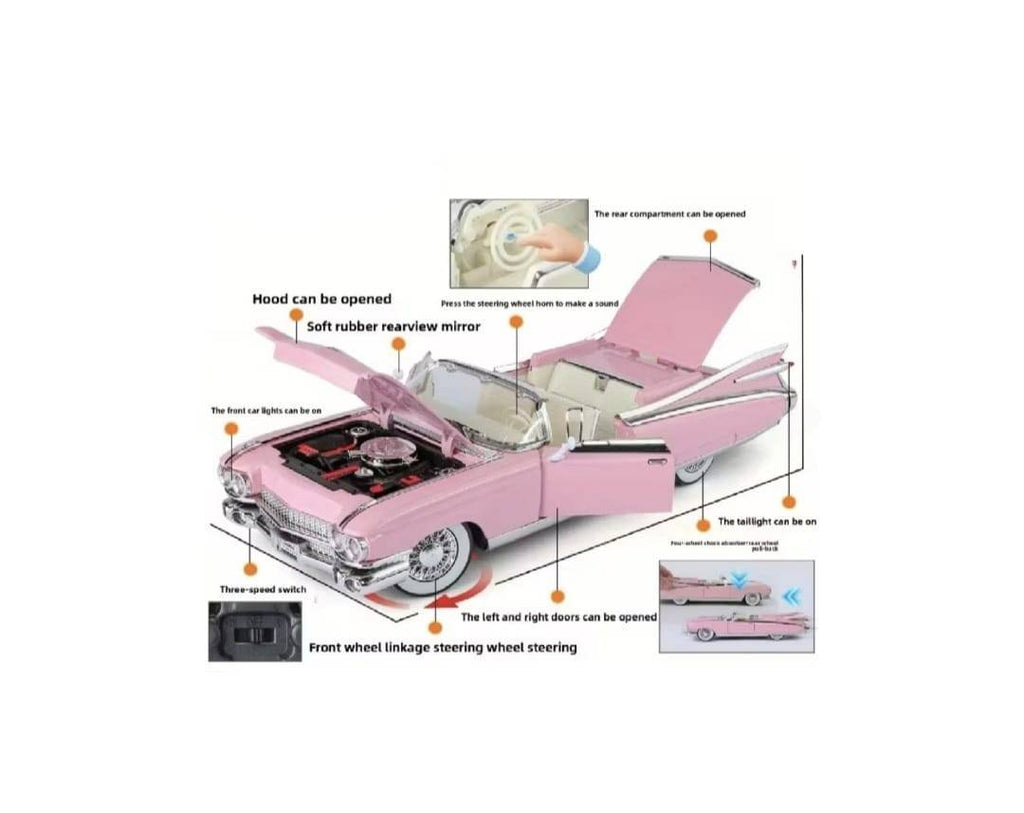 Masinuta metalica, Cadillac Eldorado Biarritz 1959, usi mobile, capota mobila, portbagajul mobil, roz, 19 cm