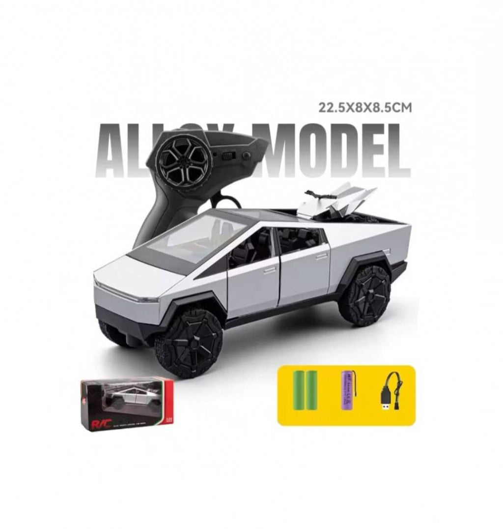 Masinuta metalica cu telecomanda, Tesla Cybertruck , ATV inclus, 1:24, usi mobile, capota mobila, acumulator, gri, 22 cm