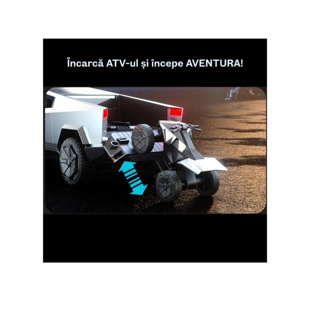Masinuta metalica cu telecomanda, Tesla Cybertruck , ATV inclus, 1:24, usi mobile, capota mobila, acumulator, gri, 22 cm