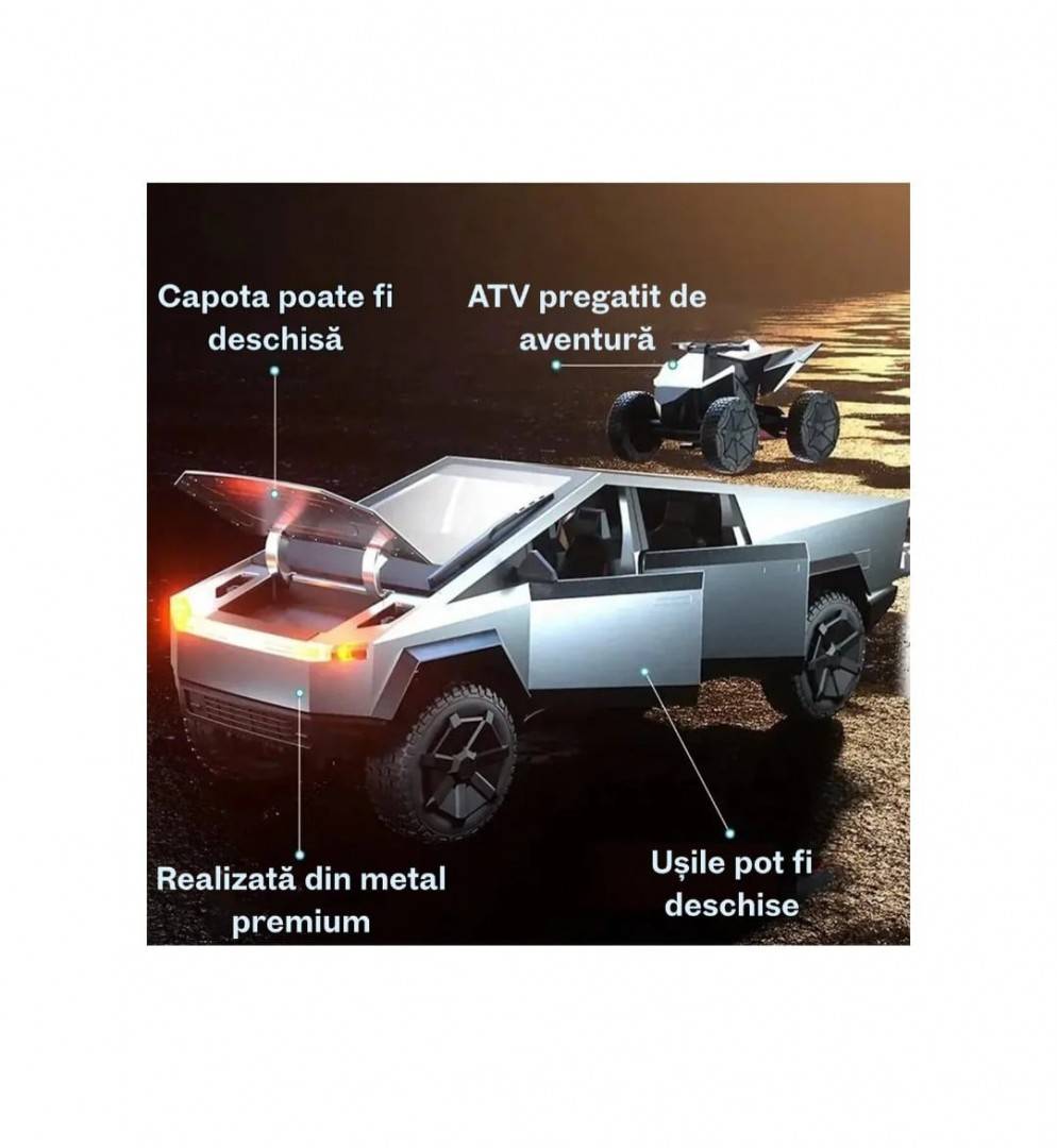 Masinuta metalica cu telecomanda, Tesla Cybertruck , ATV inclus, 1:24, usi mobile, capota mobila, acumulator, gri, 22 cm