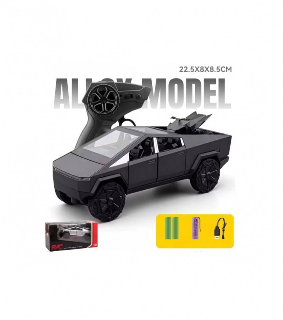 Masinuta metalica cu telecomanda, Tesla Cybertruck , ATV inclus, 1:24, usi mobile, capota mobila, acumulator, gri inchis, 22 