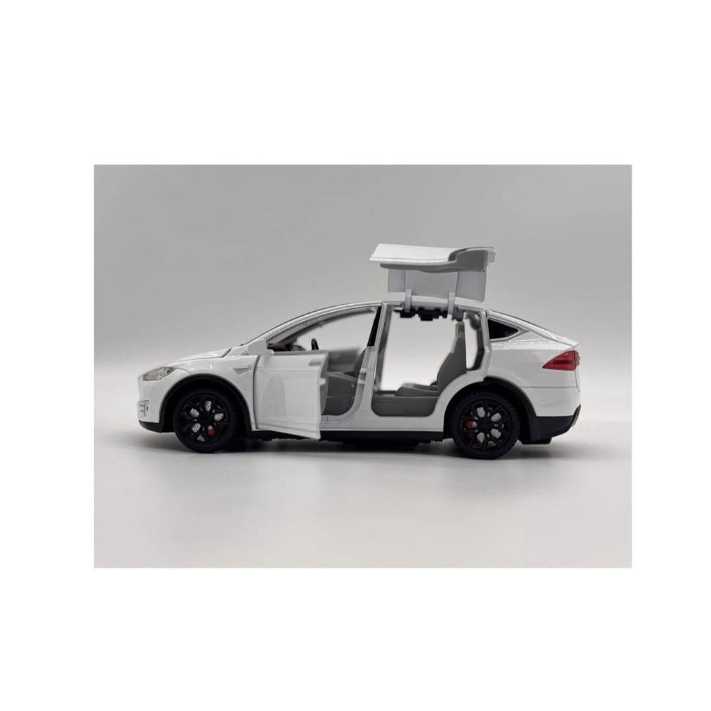 Masinuta metalica cu telecomanda, Tesla X, 1:22, usi mobile,fum, capota mobila, acumulator, alb, 20 cm