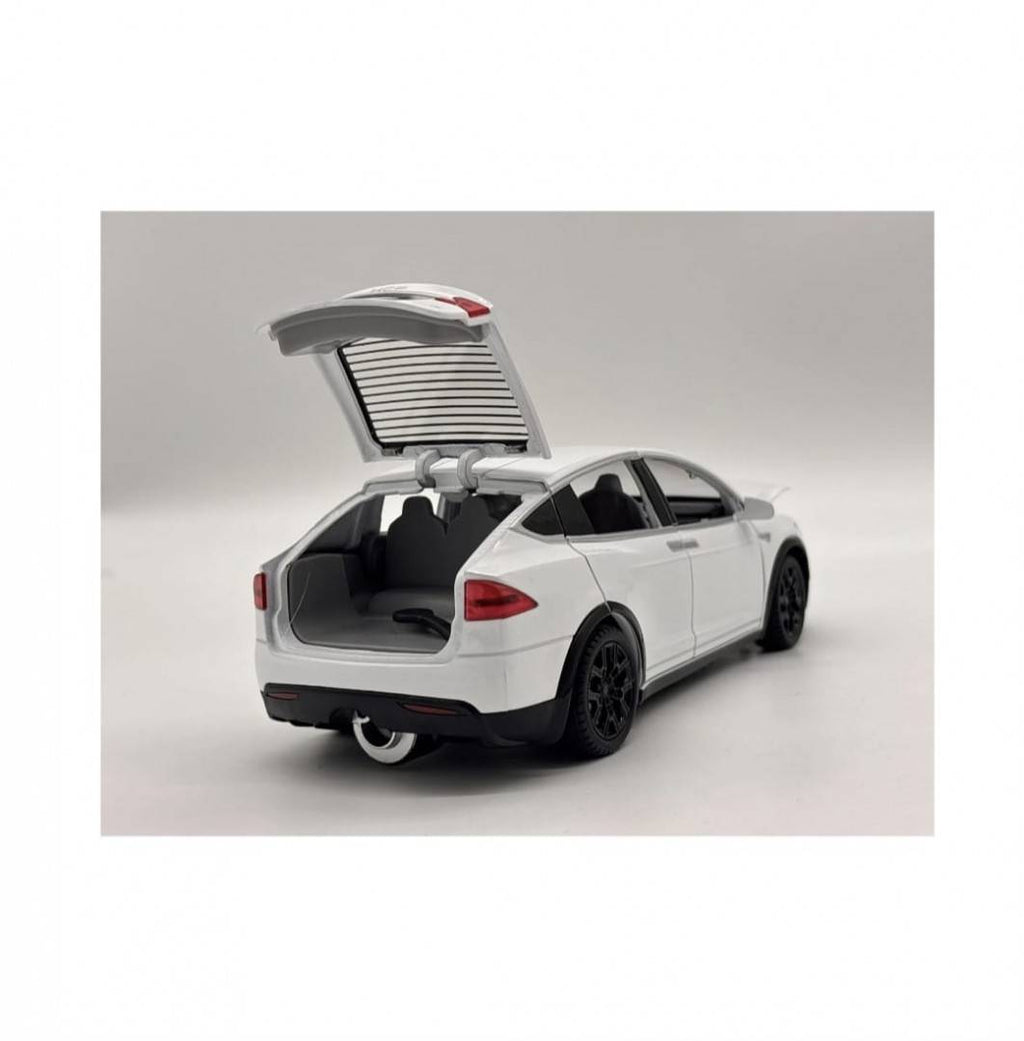 Masinuta metalica cu telecomanda, Tesla X, 1:22, usi mobile,fum, capota mobila, acumulator, alb, 20 cm