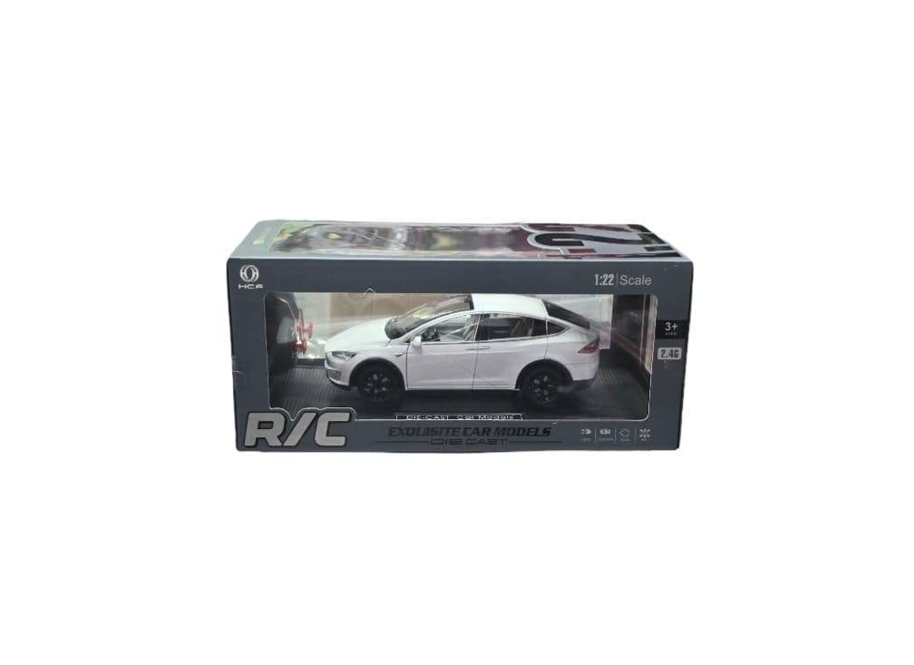 Masinuta metalica cu telecomanda, Tesla X, 1:22, usi mobile,fum, capota mobila, acumulator, alb, 20 cm