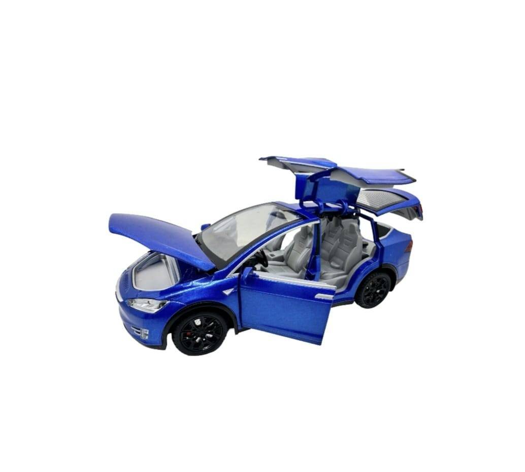 Masinuta metalica cu telecomanda, Tesla X, 1:22, usi mobile,fum, capota mobila, acumulator, albastru, 20 cm