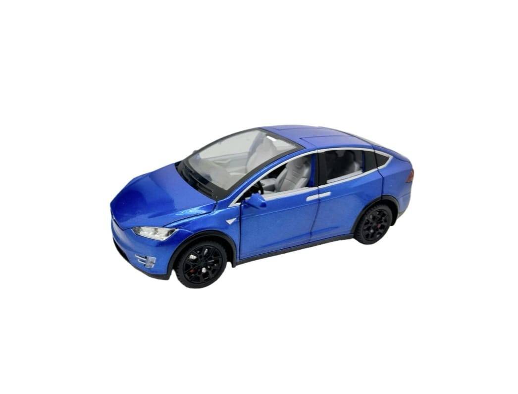 Masinuta metalica cu telecomanda, Tesla X, 1:22, usi mobile,fum, capota mobila, acumulator, albastru, 20 cm