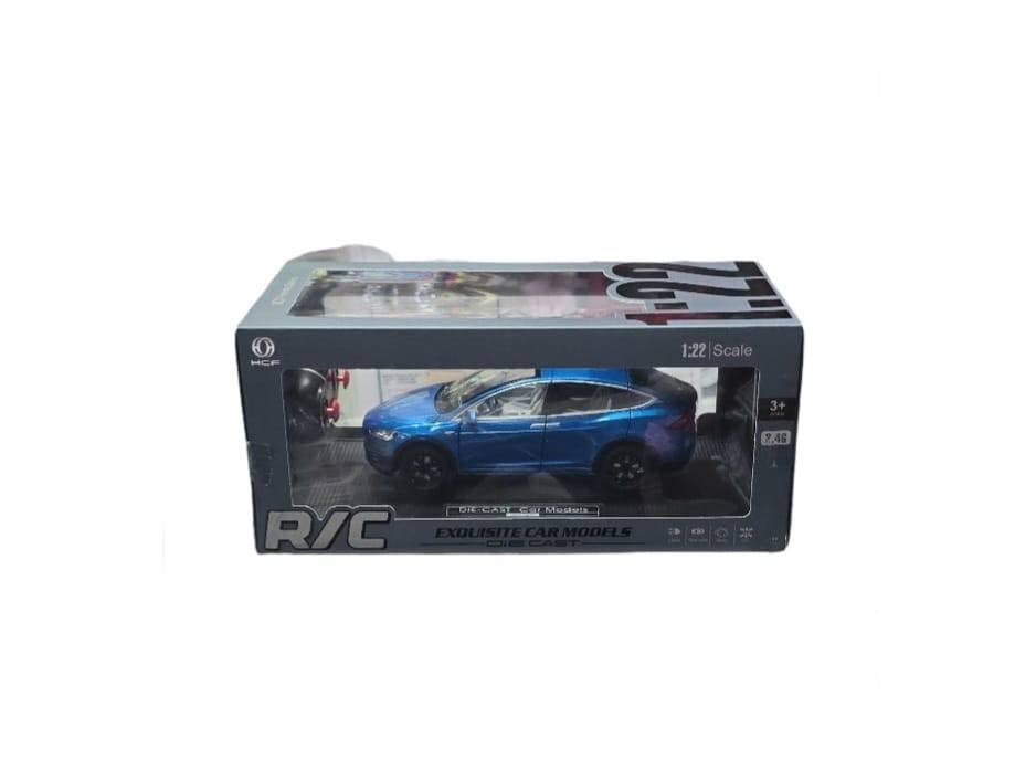 Masinuta metalica cu telecomanda, Tesla X, 1:22, usi mobile,fum, capota mobila, acumulator, albastru, 20 cm