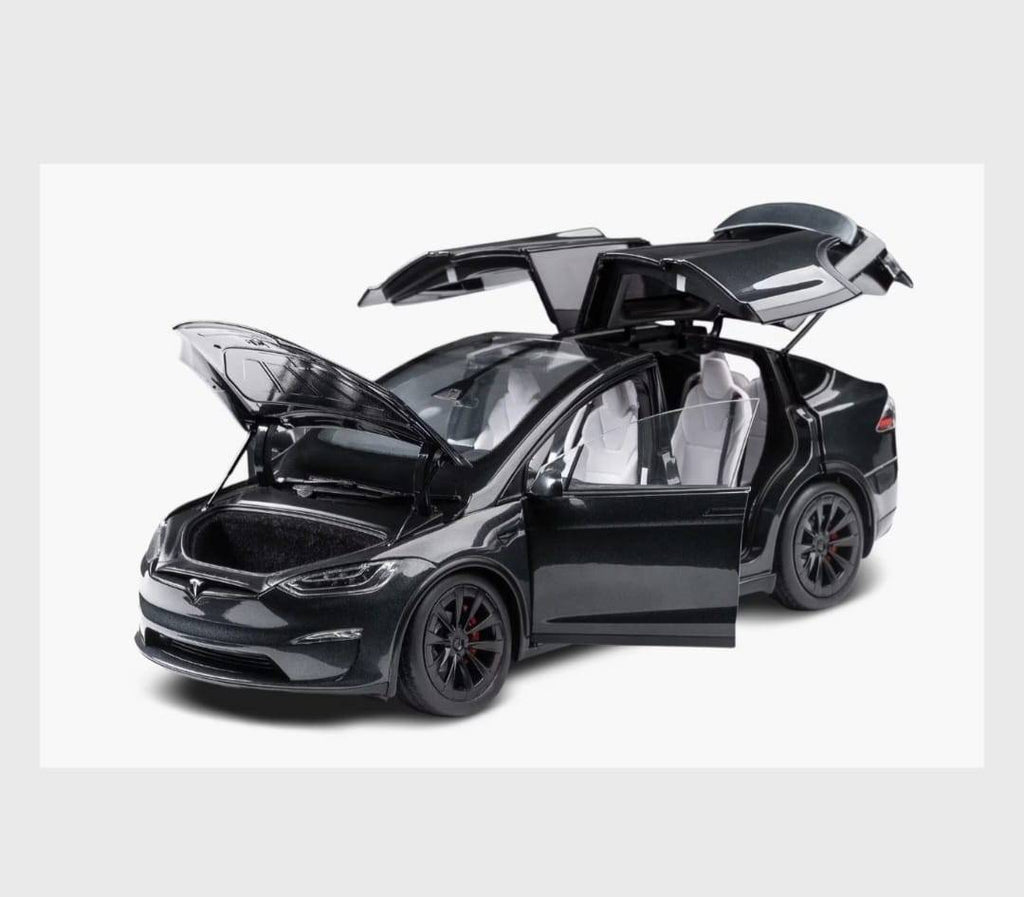 Masinuta metalica cu telecomanda, Tesla X, 1:22, usi mobile,fum, capota mobila, acumulator, negru, 20 cm