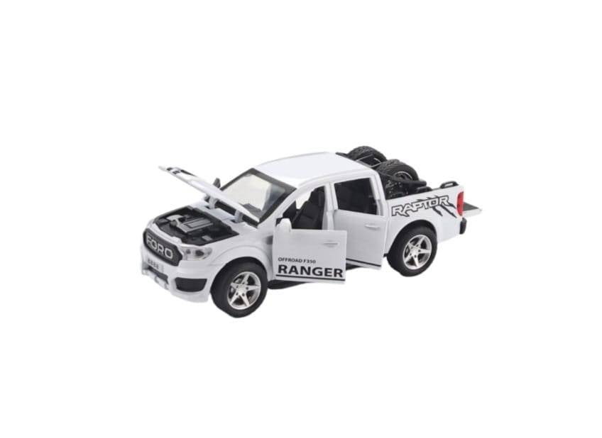 Masinuta metalica, Ford F350, scara 1:32, roti detasabile, usi mobile, capota mobila, alb, 17.5 cm