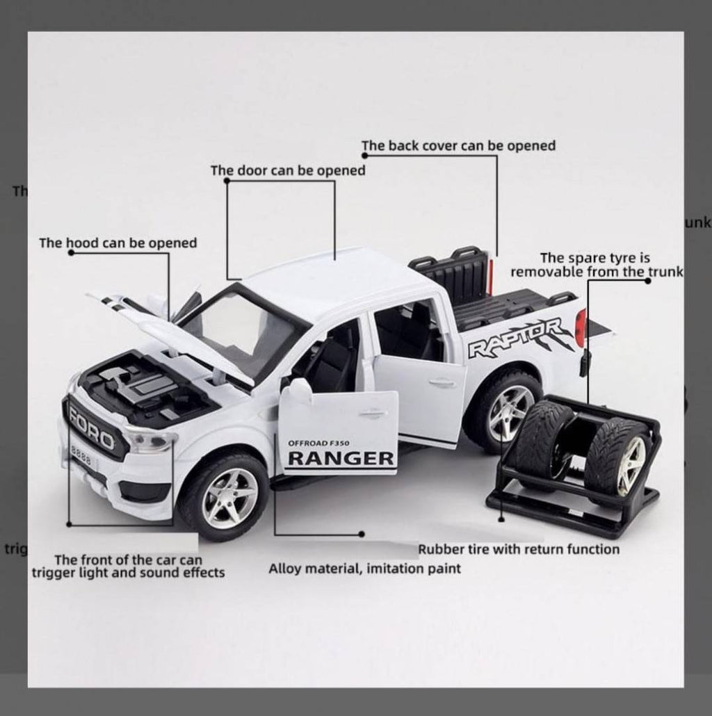 Masinuta metalica, Ford F350, scara 1:32, roti detasabile, usi mobile, capota mobila, alb, 17.5 cm