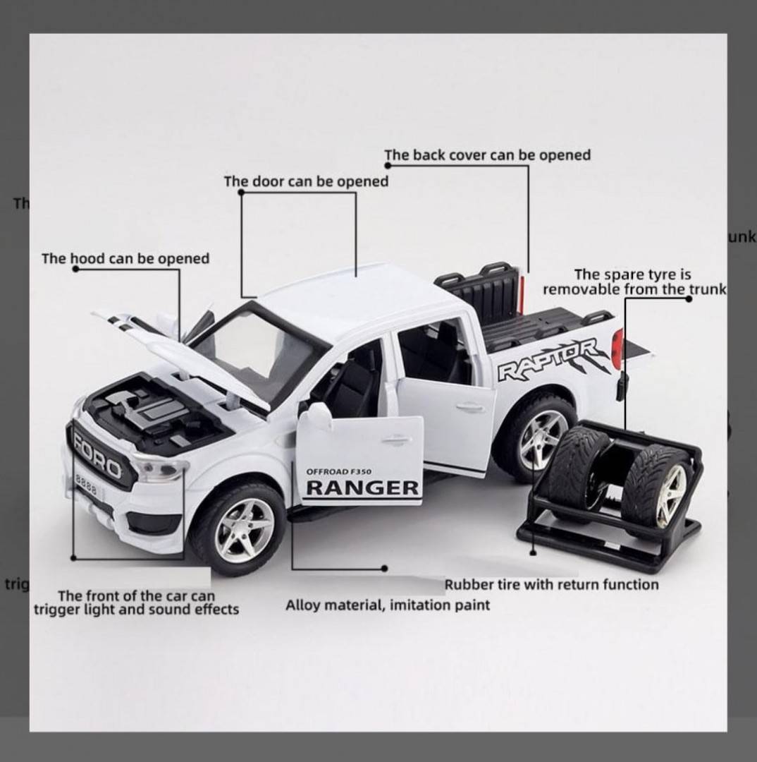 Masinuta metalica, Ford F350, scara 1:32, roti detasabile, usi mobile, capota mobila, alb, 17.5 cm