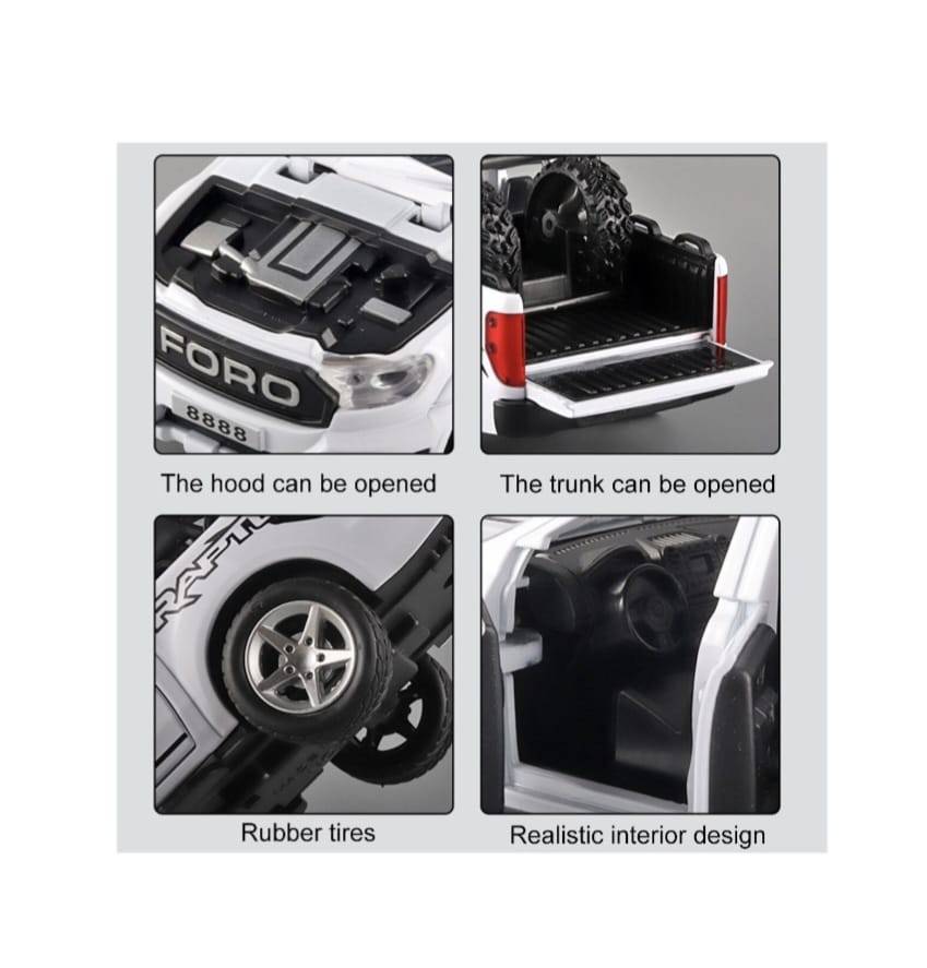 Masinuta metalica, Ford F350, scara 1:32, roti detasabile, usi mobile, capota mobila, alb, 17.5 cm