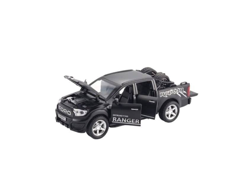 Masinuta metalica, Ford F350, scara 1:32, roti detasabile, usi mobile, capota mobila, negru, 17.5 cm