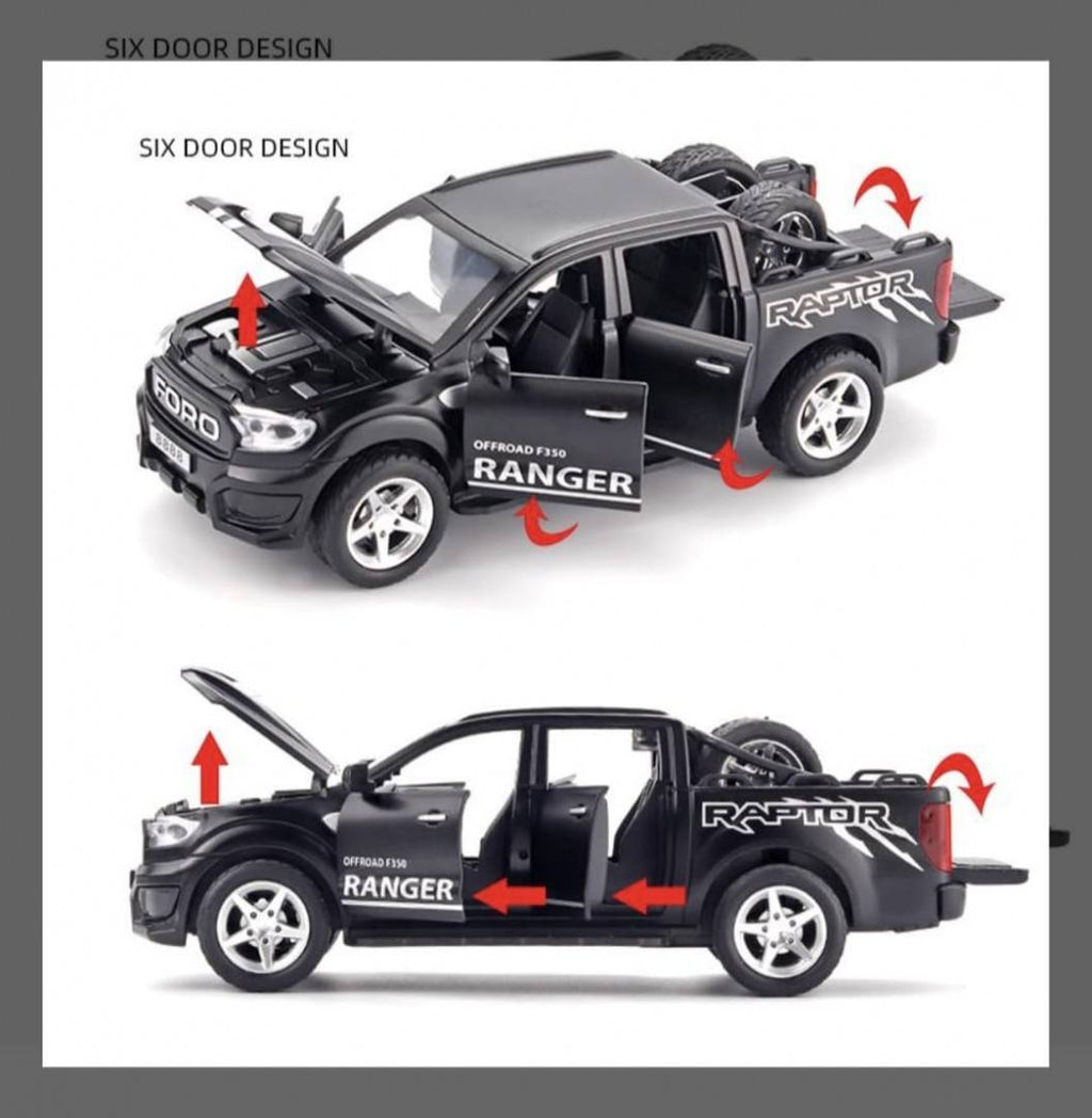Masinuta metalica, Ford F350, scara 1:32, roti detasabile, usi mobile, capota mobila, negru, 17.5 cm