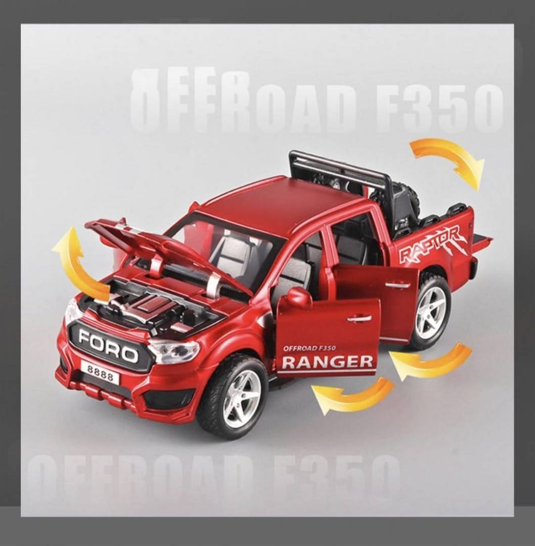 Masinuta metalica, Ford F350, scara 1:32, roti detasabile, usi mobile, capota mobila, rosu, 17.5 cm