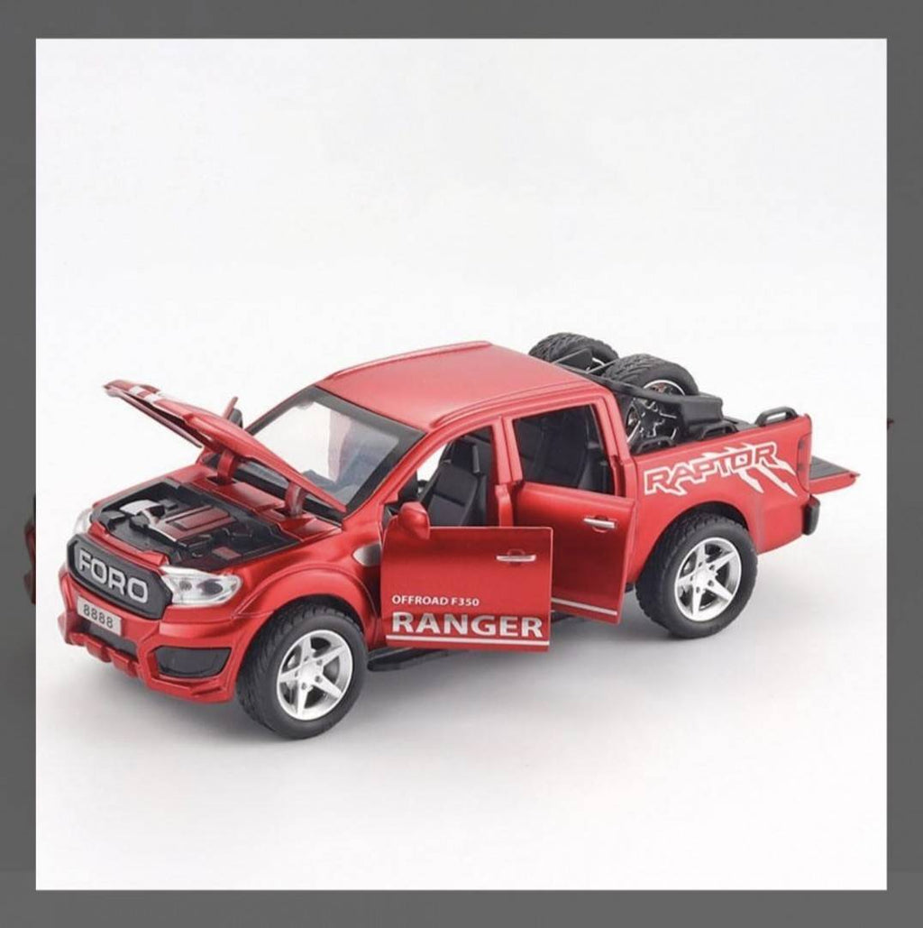 Masinuta metalica, Ford F350, scara 1:32, roti detasabile, usi mobile, capota mobila, rosu, 17.5 cm