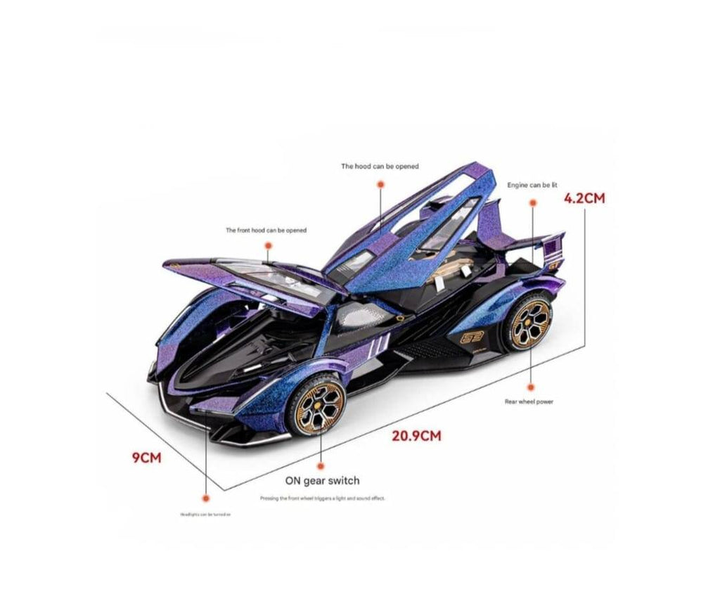 Masinuta metalica, Lamborghini V12 Vision Gran Turismo, 1:18, usi mobil, portbagaj mobil, capota mobila, albastru, 21 cm