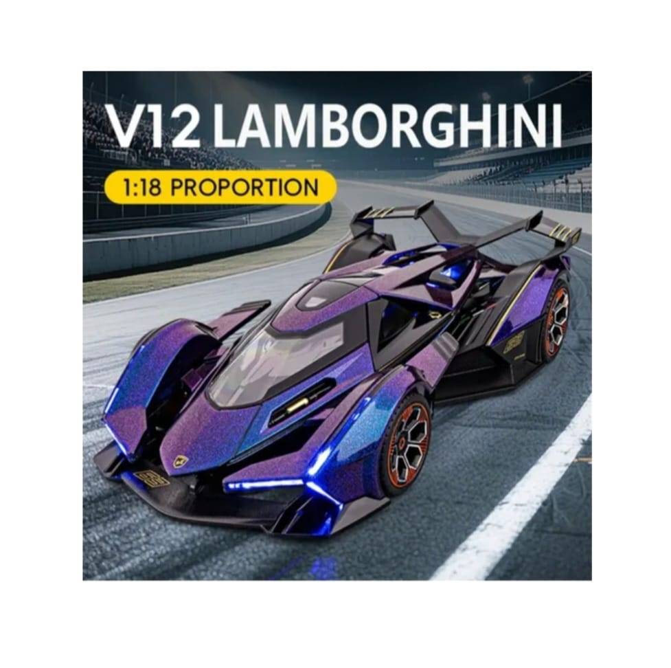 Masinuta metalica, Lamborghini V12 Vision Gran Turismo, 1:18, usi mobil, portbagaj mobil, capota mobila, albastru, 21 cm