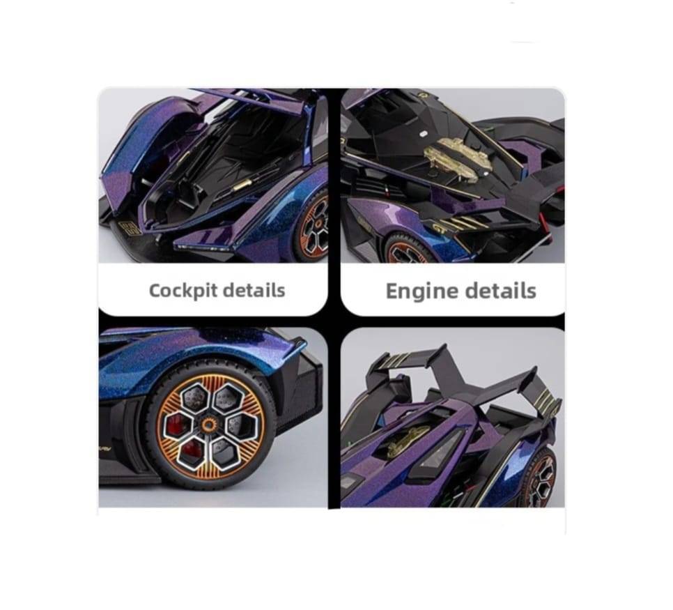 Masinuta metalica, Lamborghini V12 Vision Gran Turismo, 1:18, usi mobil, portbagaj mobil, capota mobila, albastru, 21 cm