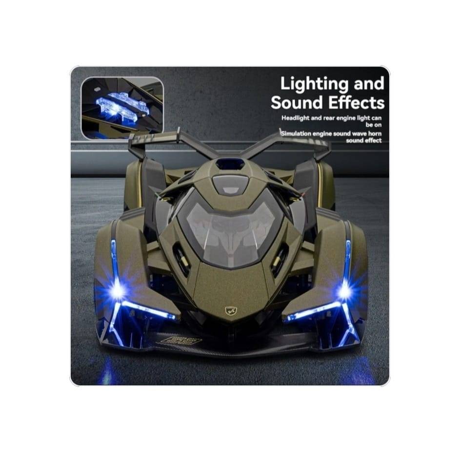 Masinuta metalica, Lamborghini V12 Vision Gran Turismo, 1:18, usi mobil, portbagaj mobil, capota mobila, kaki, 21 cm