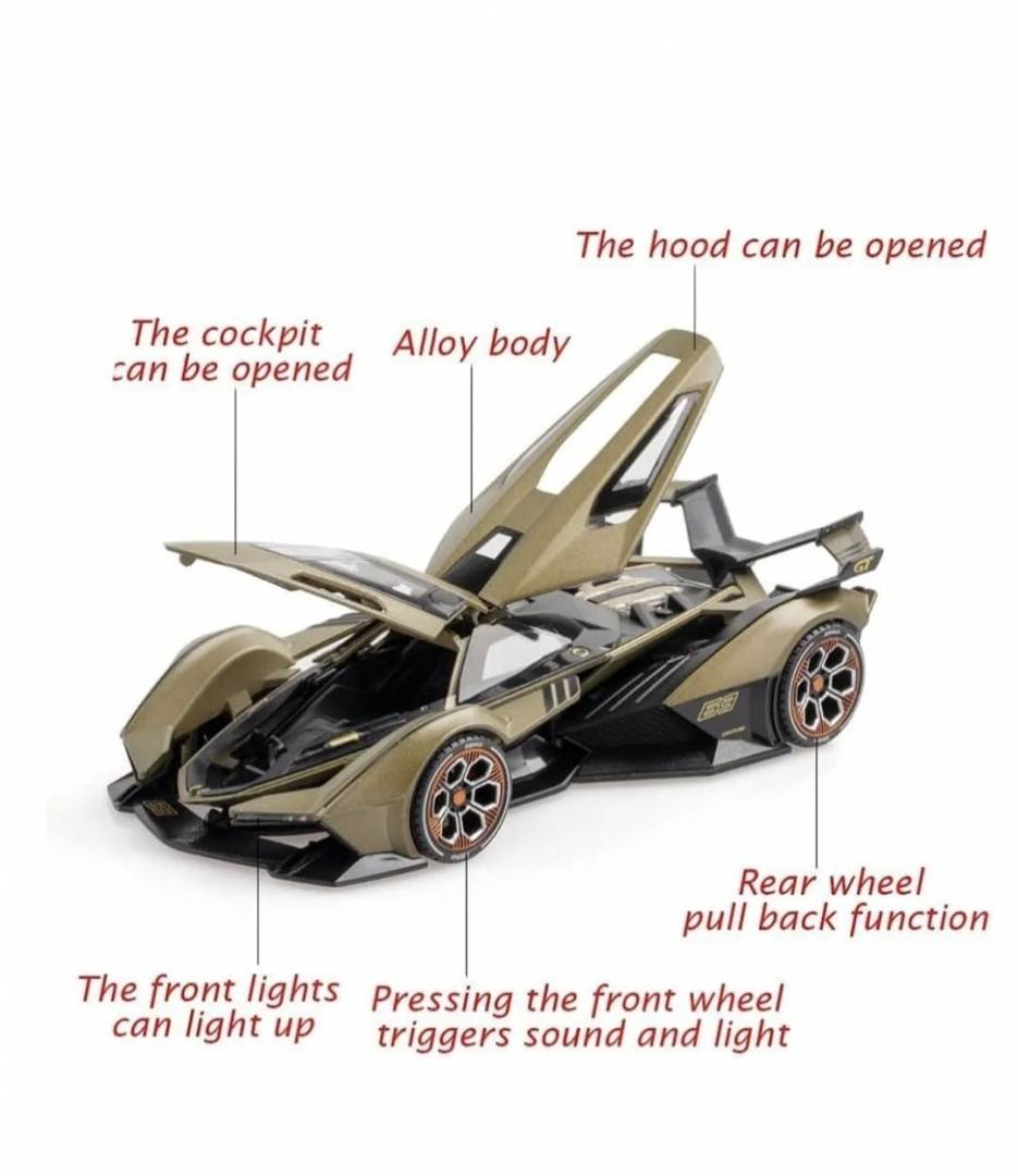Masinuta metalica, Lamborghini V12 Vision Gran Turismo, 1:18, usi mobil, portbagaj mobil, capota mobila, kaki, 21 cm