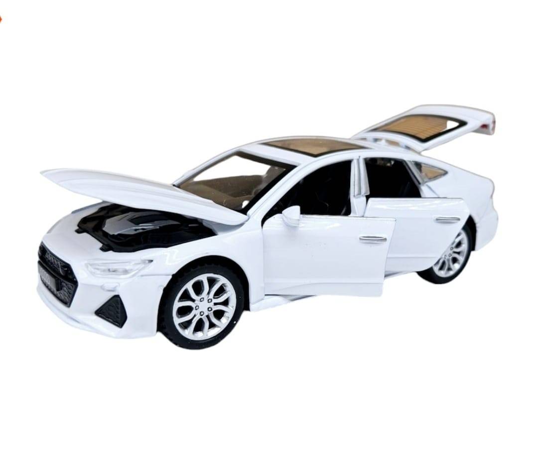 Masinuta metalica mecanica, Audi A7, lumini si sunete, usi mobile, capota mobila, portbagajul mobil, alb, 15 cm