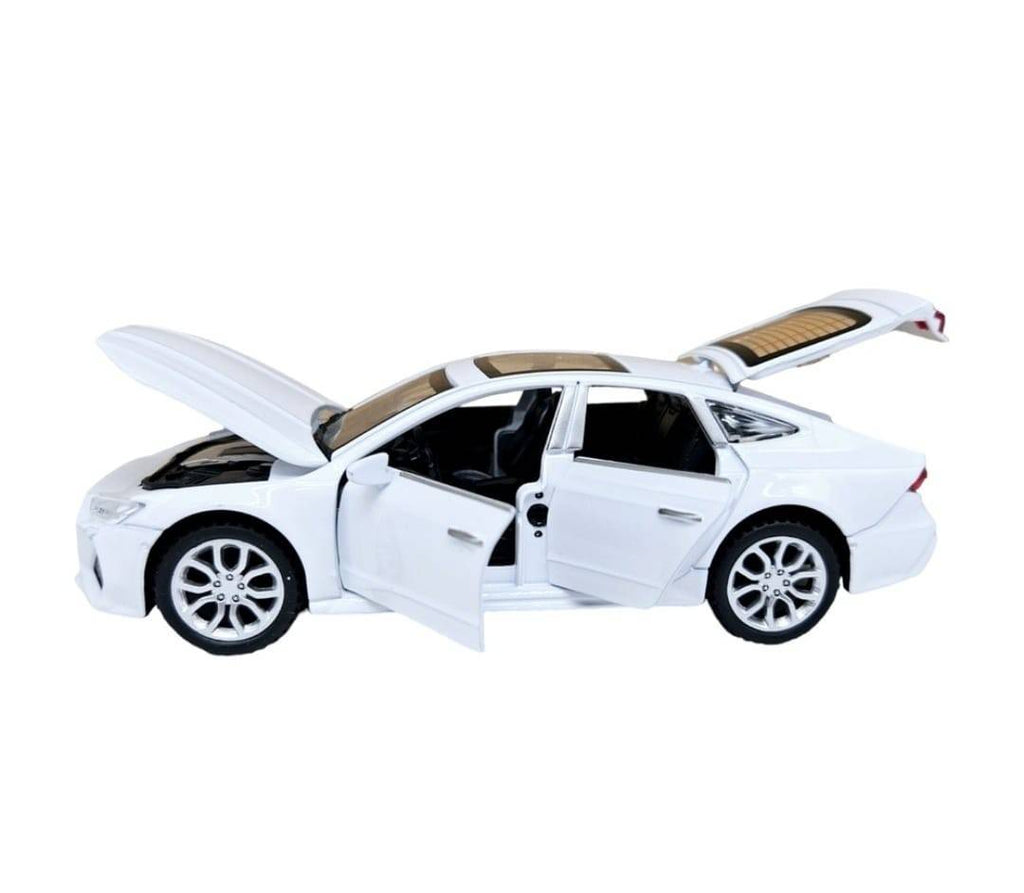 Masinuta metalica mecanica, Audi A7, lumini si sunete, usi mobile, capota mobila, portbagajul mobil, alb, 15 cm