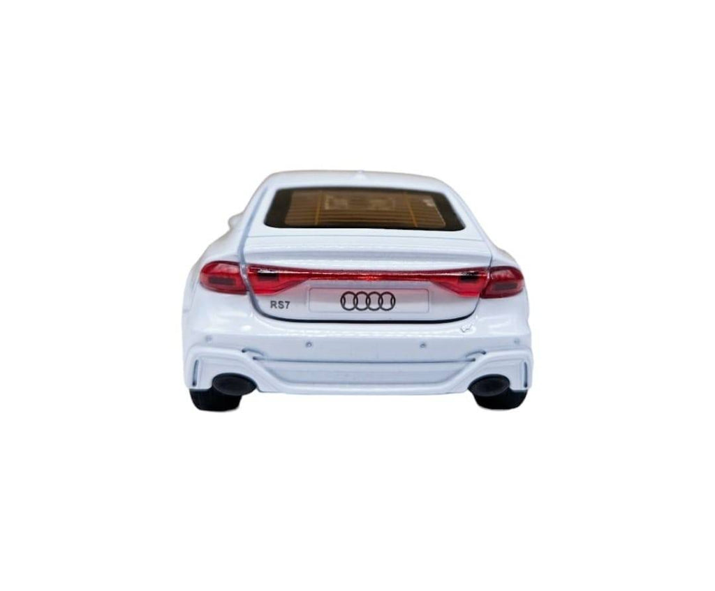Masinuta metalica mecanica, Audi A7, lumini si sunete, usi mobile, capota mobila, portbagajul mobil, alb, 15 cm