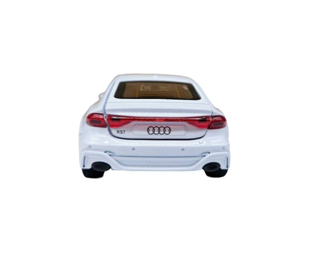 Masinuta metalica mecanica, Audi A7, lumini si sunete, usi mobile, capota mobila, portbagajul mobil, alb, 15 cm