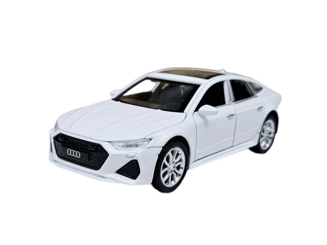 Masinuta metalica mecanica, Audi A7, lumini si sunete, usi mobile, capota mobila, portbagajul mobil, alb, 15 cm