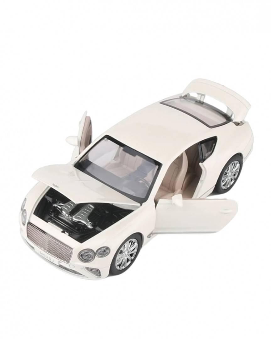Masinuta metalica mecanica, Bentley Continental GT, lumini si sunete, usi, capota , portbagajul , barlad, alb, 19 cm