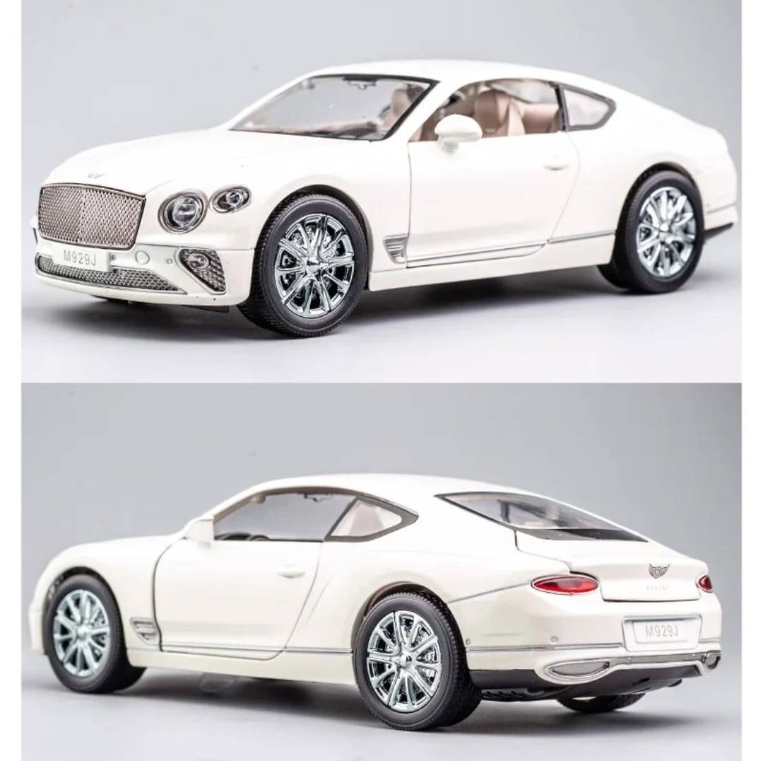 Masinuta metalica mecanica, Bentley Continental GT, lumini si sunete, usi, capota , portbagajul , barlad, alb, 19 cm