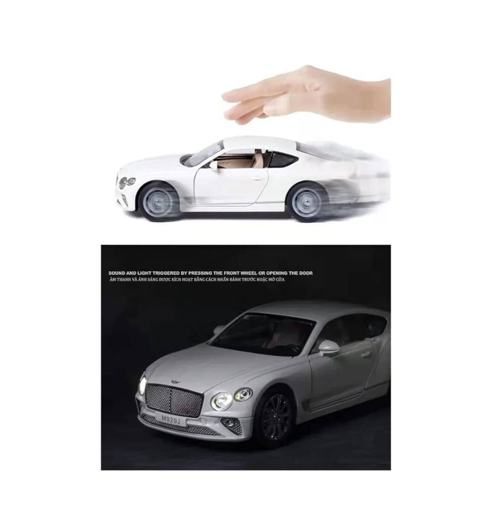Masinuta metalica mecanica, Bentley Continental GT, lumini si sunete, usi, capota , portbagajul , barlad, alb, 19 cm