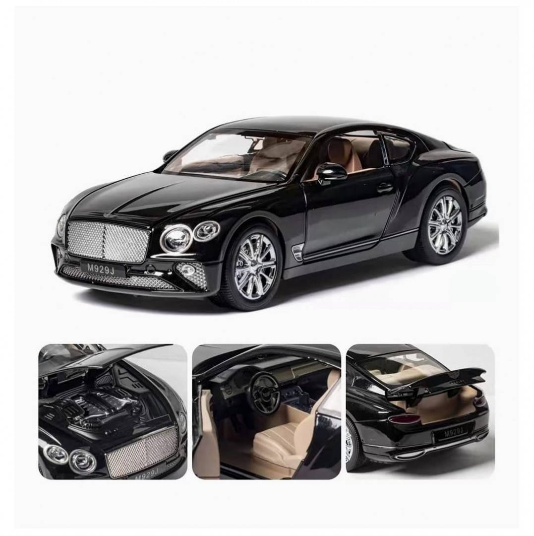 Masinuta metalica mecanica, Bentley Continental GT, lumini si sunete, usi , capota portbagajul , barlad, negru, 19 cm