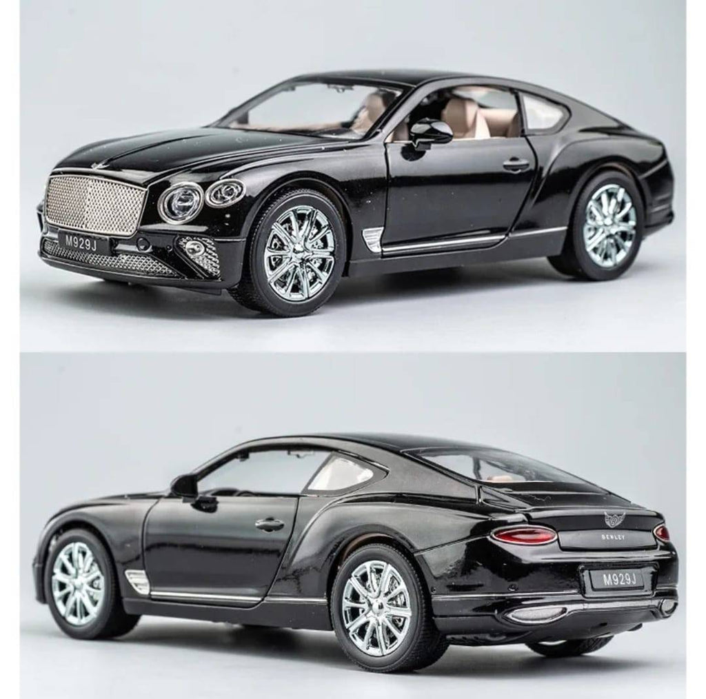 Masinuta metalica mecanica, Bentley Continental GT, lumini si sunete, usi , capota portbagajul , barlad, negru, 19 cm