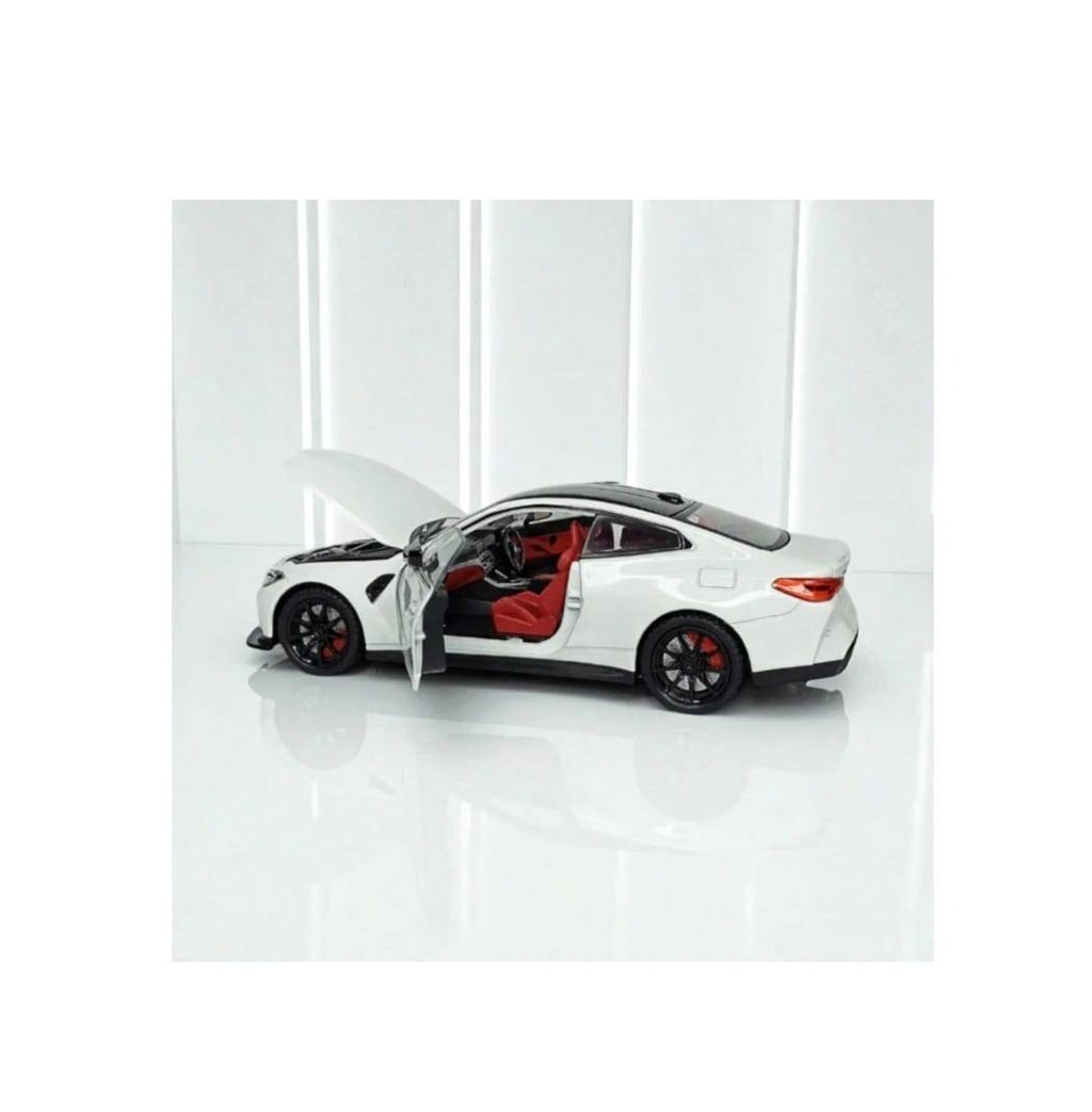 Masinuta metalica mecanica, BMW M4, 1:24, lumini, sunete, usi mobile, capota mobila, portbagajul mobil, alb, 20 cm